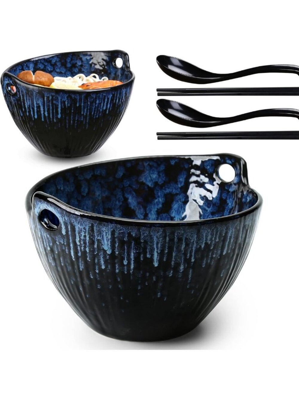 Ceramic Ramen Bowl Set of 2 with Chopsticks & Spoons - Dishwasher Safe Donburi